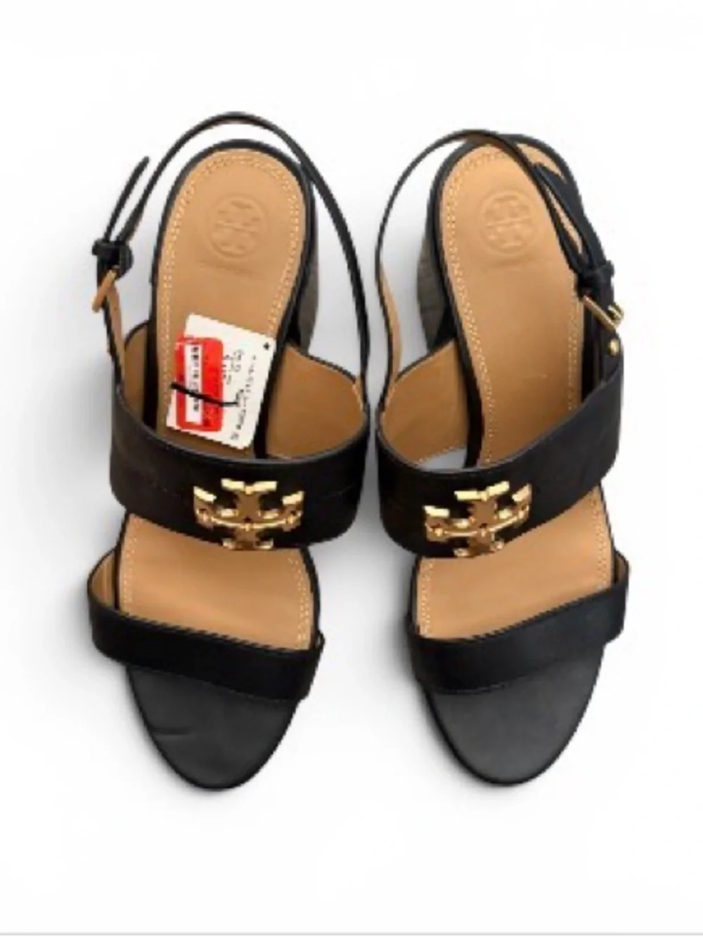 Tory Burch Everly 65mm wedge sandal in black with a gold-tone double-T size 10